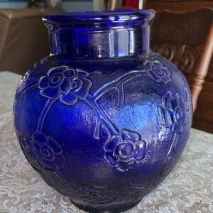 Cobalt heavy blue glass vase, size in photos, floral/linear design $65